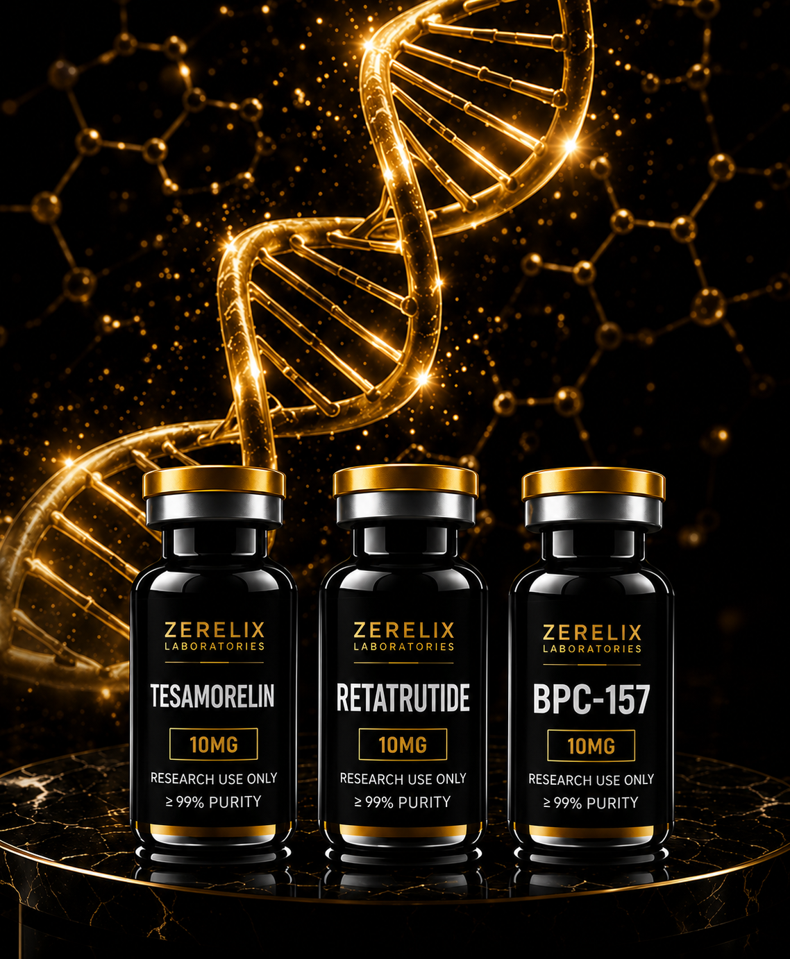 Zerelix Lab research vials — Tesamorelin, Retatrutide, BPC-157